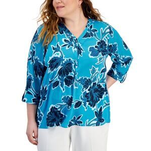JM Collection Womens S Blue Floral Seafrost Combo V Neck Top NWT Y55
